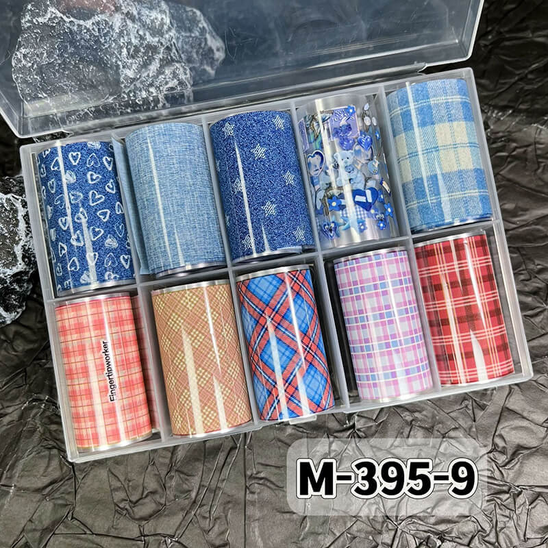 Trendy plaid denim and pink flower animal nail transfer foil for DIY nail design-2
