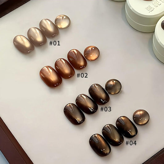 Caramel brown cat eye gel polish for autumn nail art, shiny metallic magnetic gel