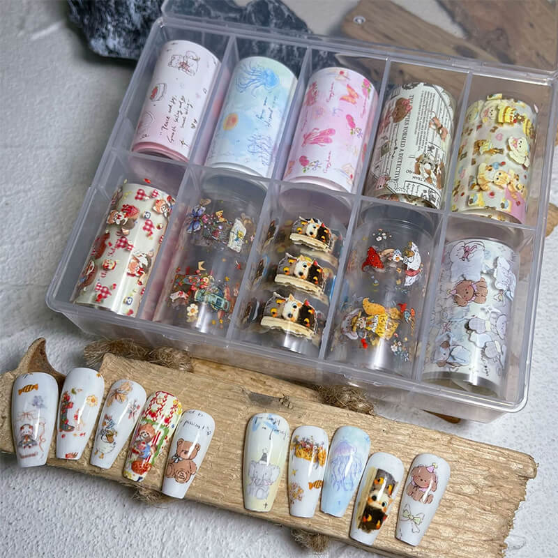 Adorable cartoon nail transfer foil with bear and rabbit patterns for creative nail art-1