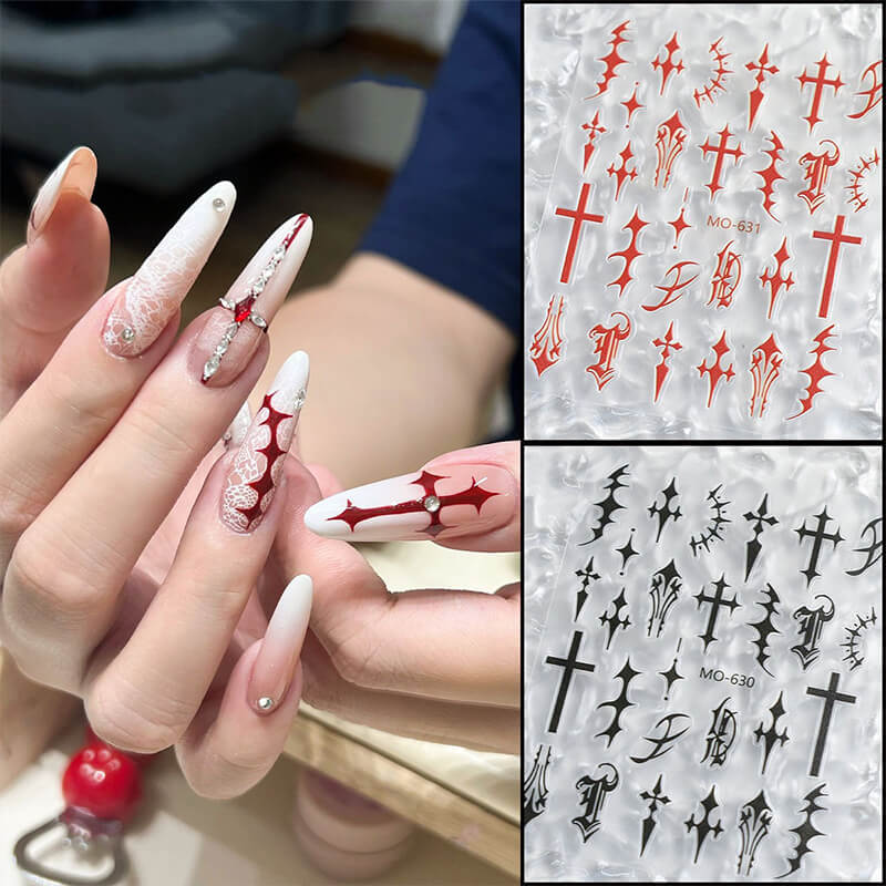 Gothic black and red cross nail stickers with chrome heart design for nail art decoration
