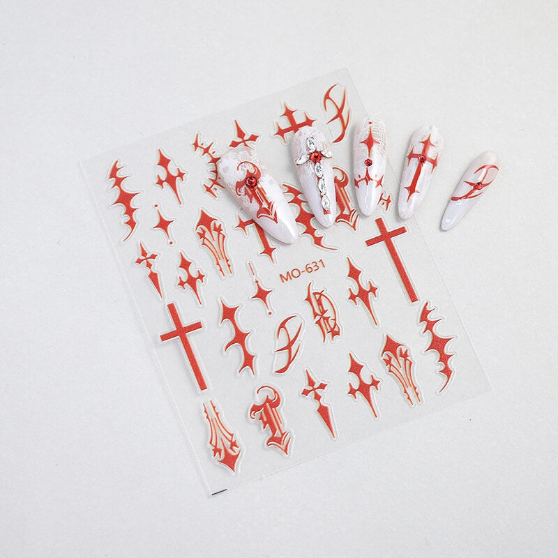 Gothic black and red cross nail stickers with chrome heart design for nail art decoration
