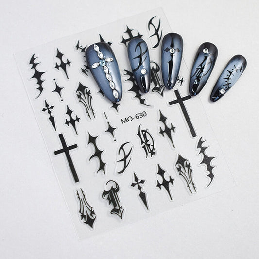 Gothic black and red cross nail stickers with chrome heart design for nail art decoration