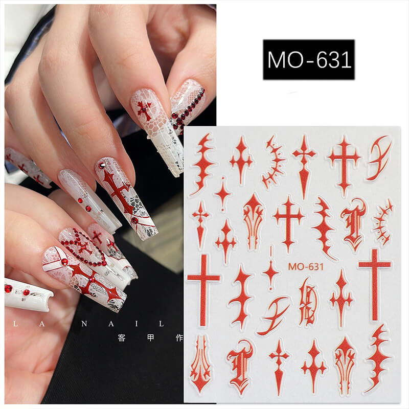 Gothic black and red cross nail stickers with chrome heart design for nail art decoration