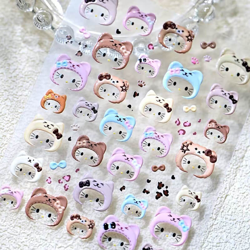3D cartoon Kitty embossed nail stickers with cute cat head design