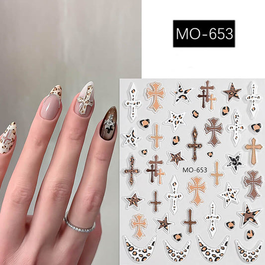 Maillard style nail stickers featuring stars, crosses, and leopard print patterns
