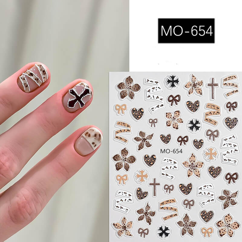 Maillard style nail stickers featuring stars, crosses, and leopard print patterns