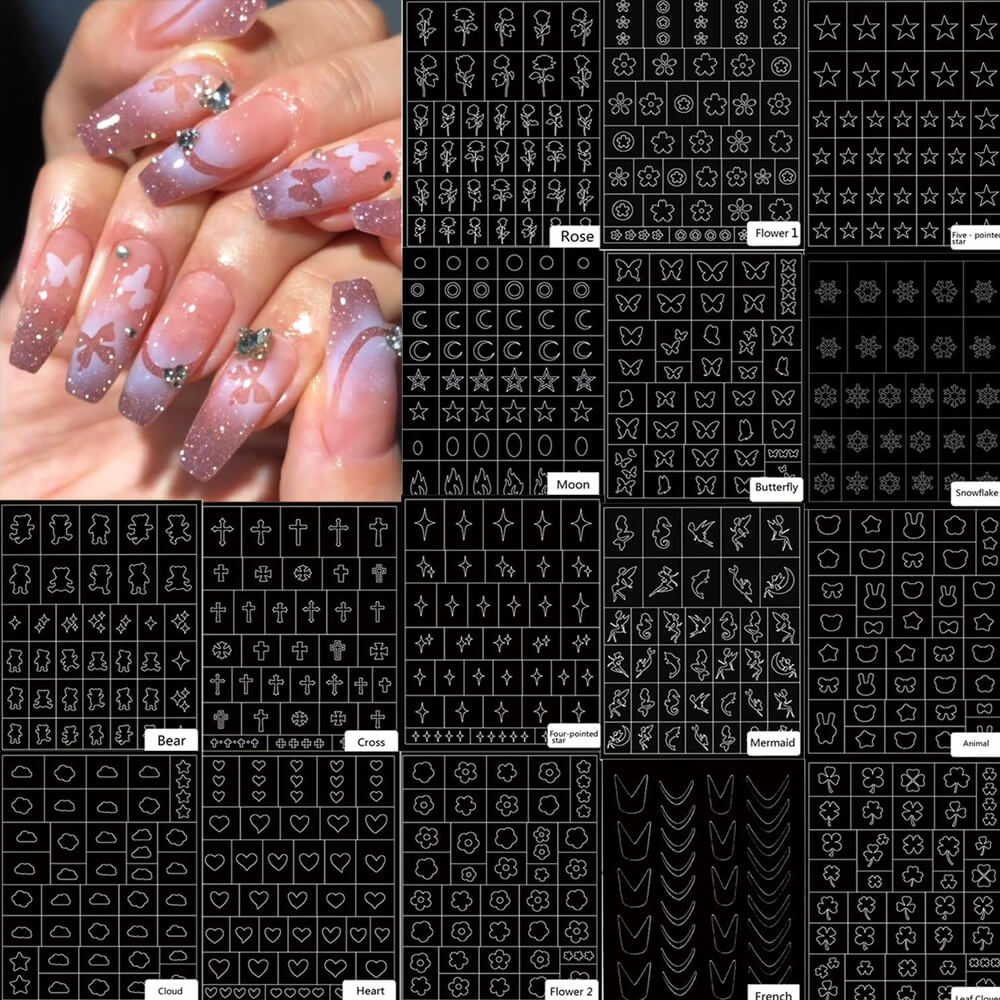 16 Pcs Butterfly Heart Star Hollow Nail Stickers DIY Decals