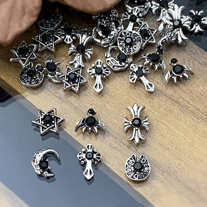 Punk black alloy nail charms with chrome heart and cross gothic metal studs