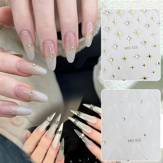 3D Star French Line With Rhinestone Nail Stickers