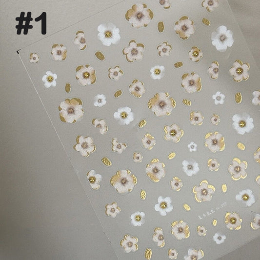 Vintage black and gold embossed 3D flower nail stickers with irregular blooming design