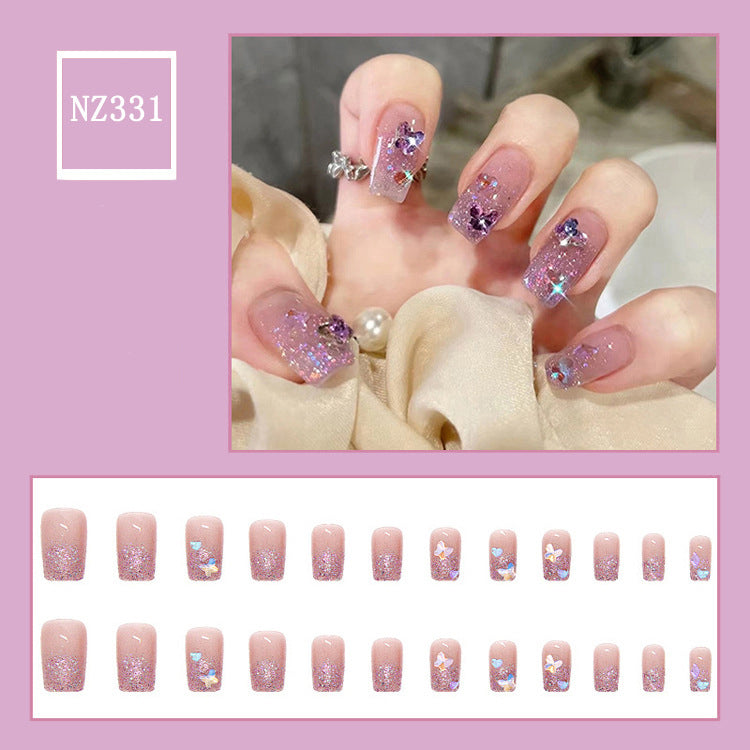 #22 Medium Length Square Shape Pink Shiny Press on Nail