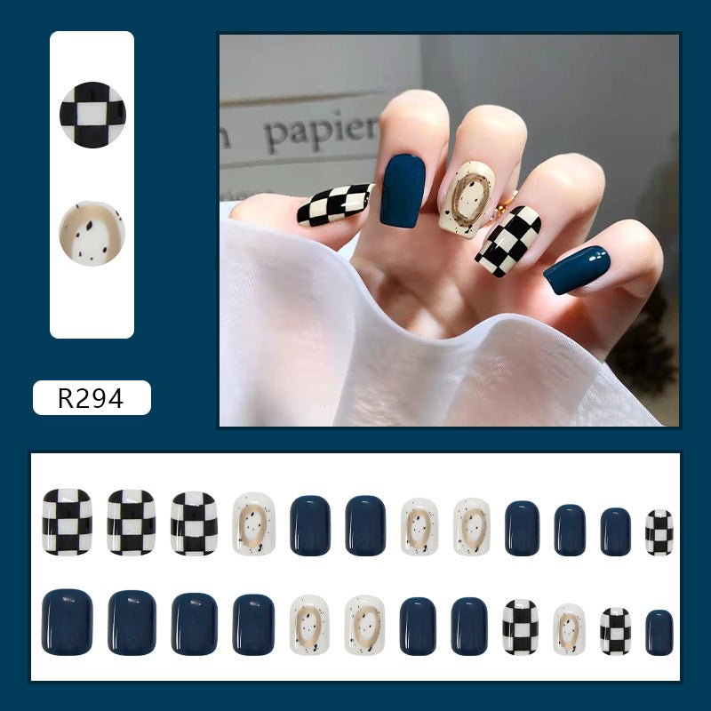 #110 Blue Chessboard Design Short Length Squoval Shape Fake Nails - moepak123