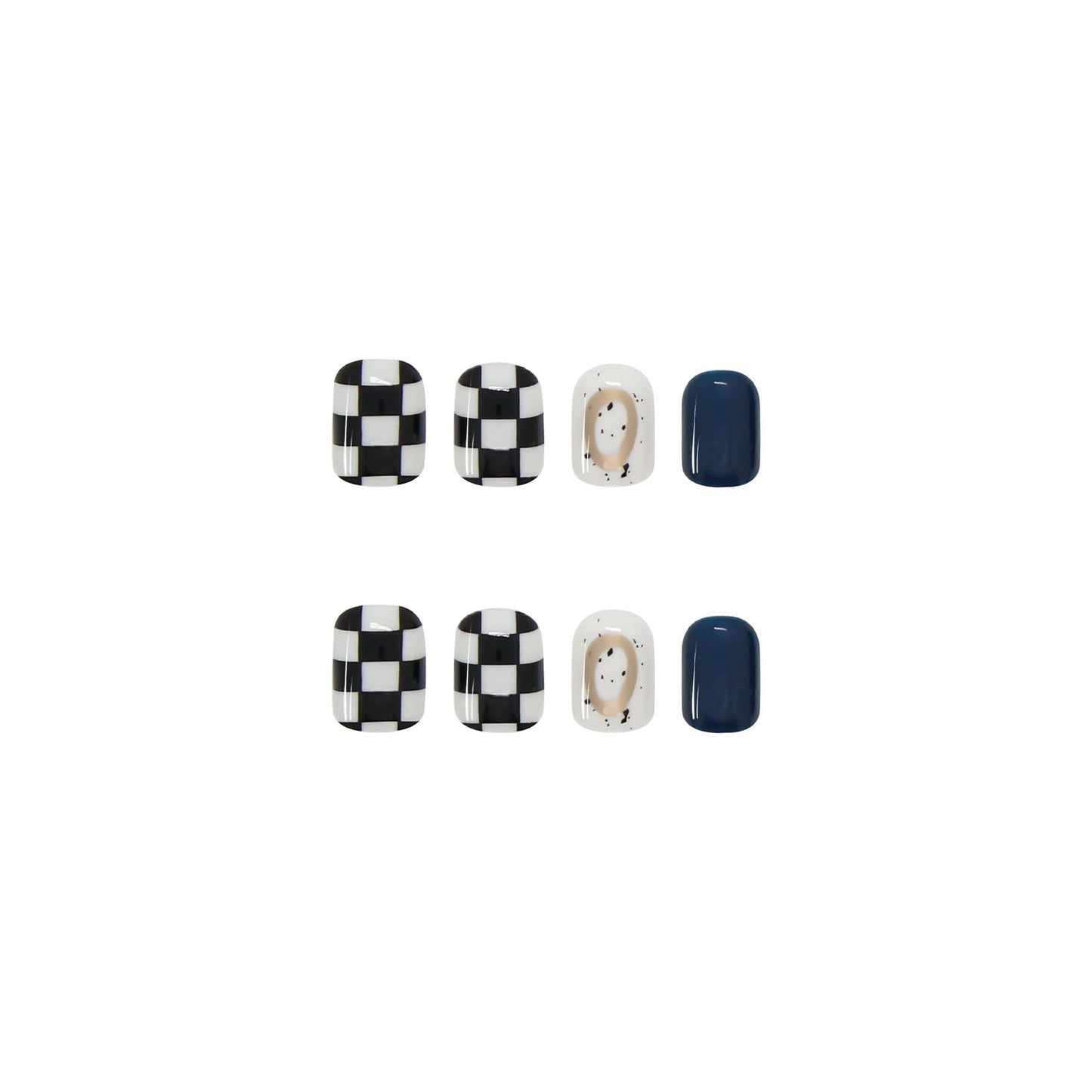 #110 Blue Chessboard Design Short Length Squoval Shape Fake Nails - moepak123
