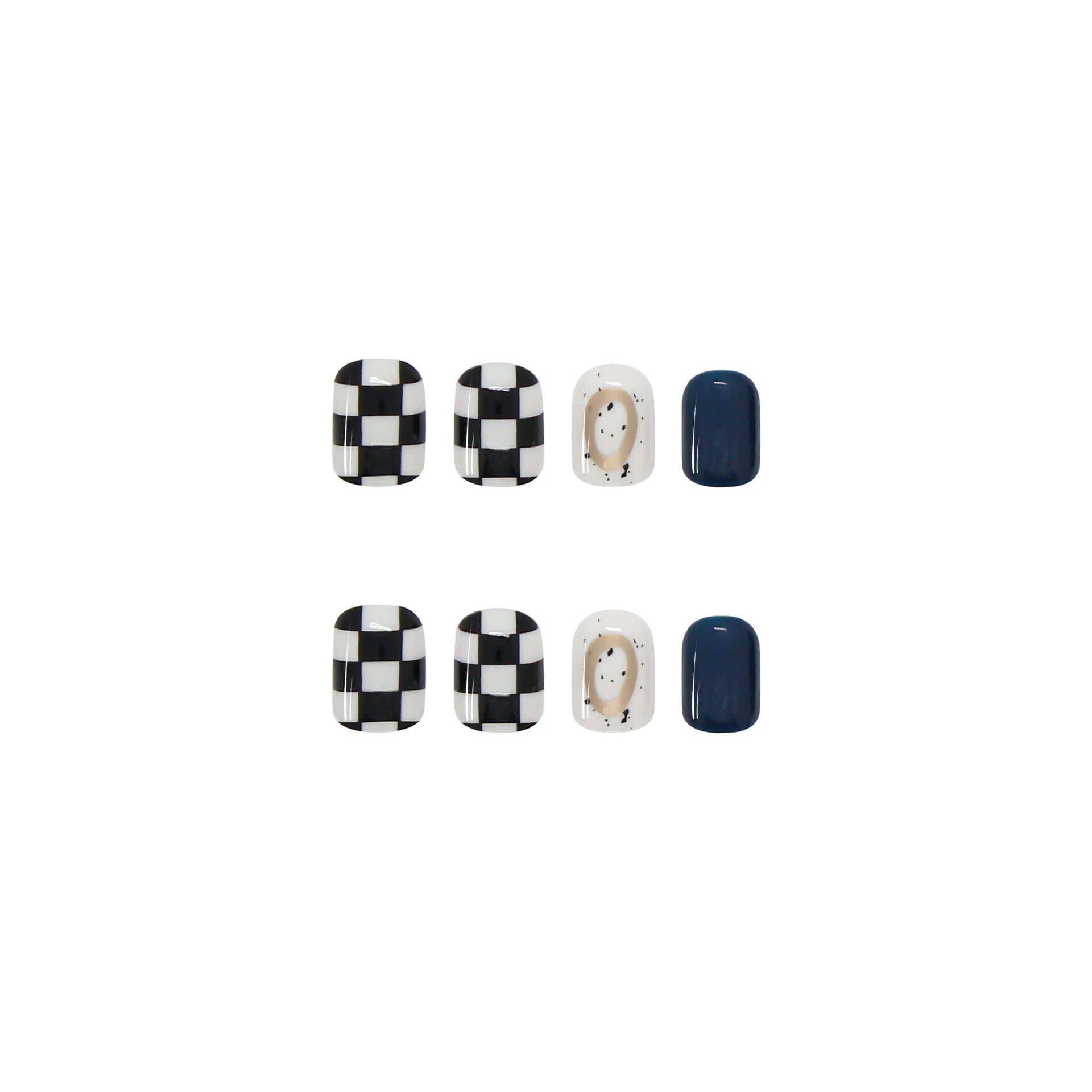 #110 Blue Chessboard Design Short Length Squoval Shape Fake Nails - moepak123