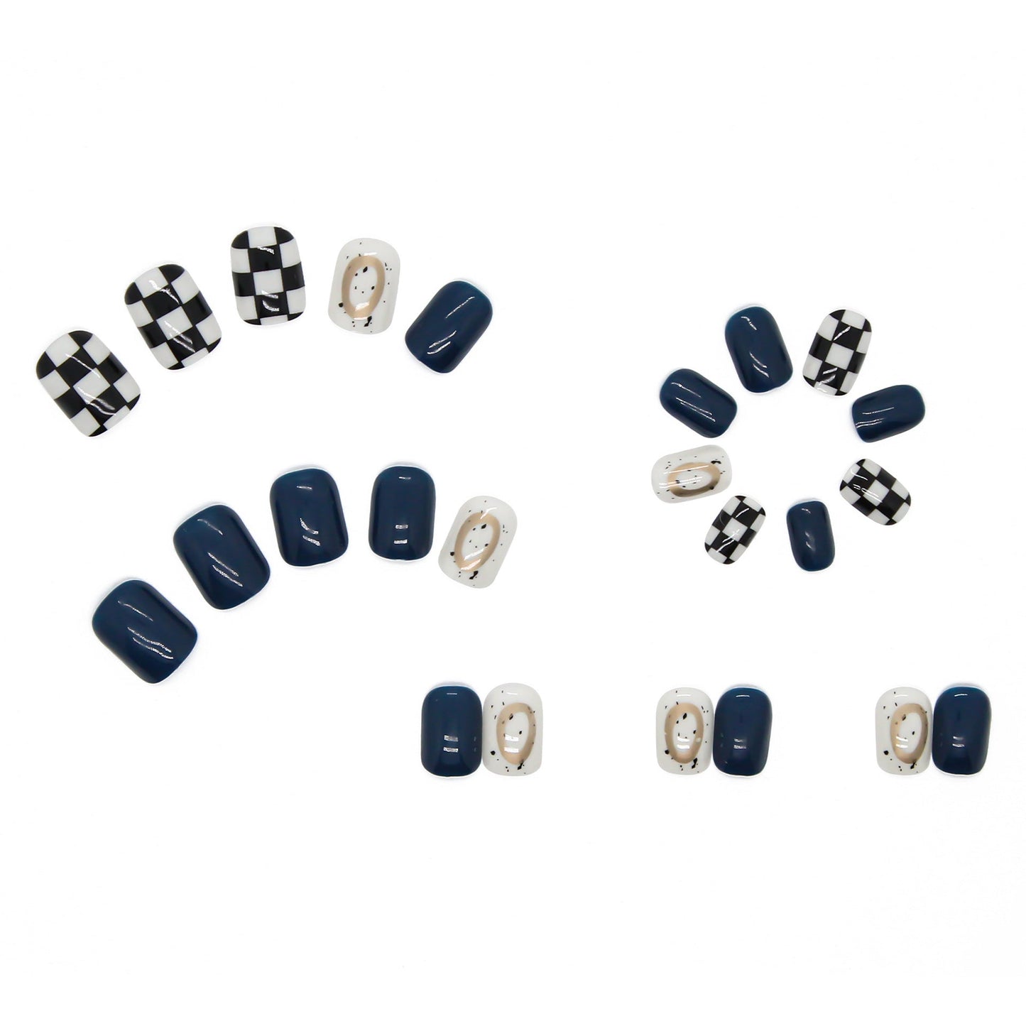 #110 Blue Chessboard Design Short Length Squoval Shape Fake Nails - moepak123