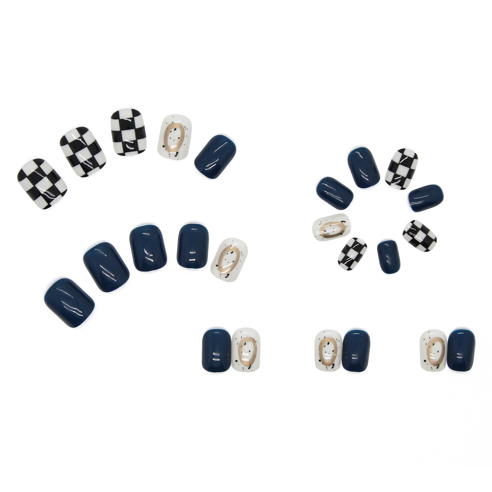 #110 Blue Chessboard Design Short Length Squoval Shape Fake Nails - moepak123