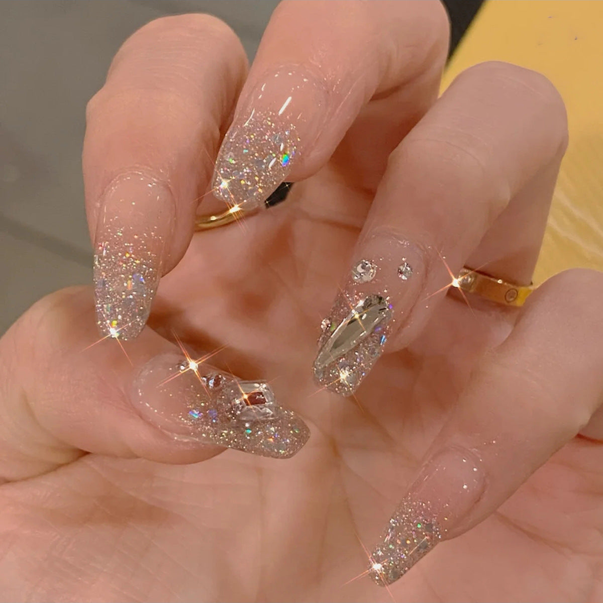 #47 Extra Length Ballerina Shape Pink Diamond Glitter Press on Nail