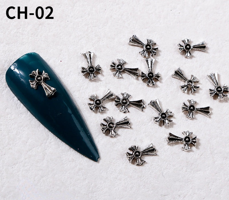 Punk Cross Nail Art Charms 3D Chrome Heart Vintage Jewel