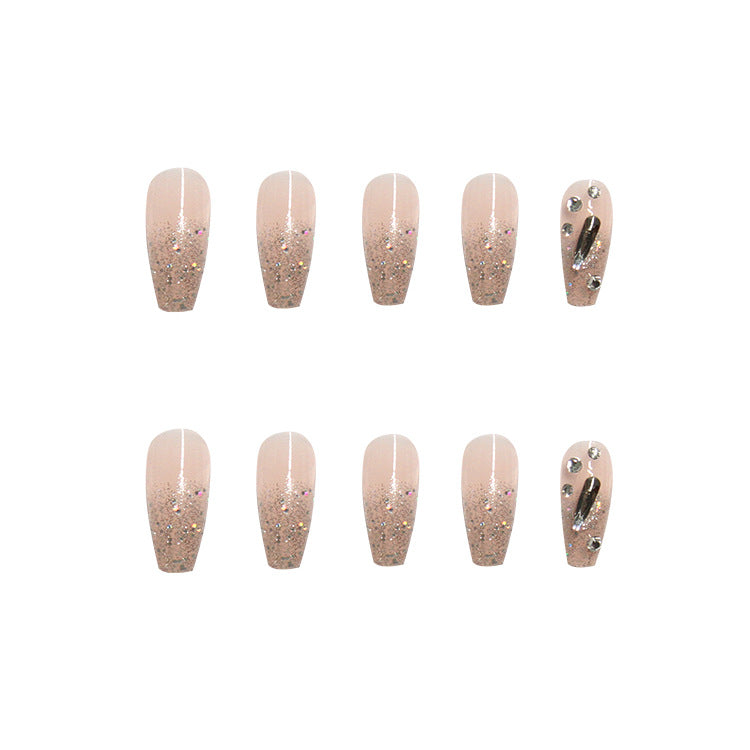#47 Extra Length Ballerina Shape Pink Diamond Glitter Press on Nail