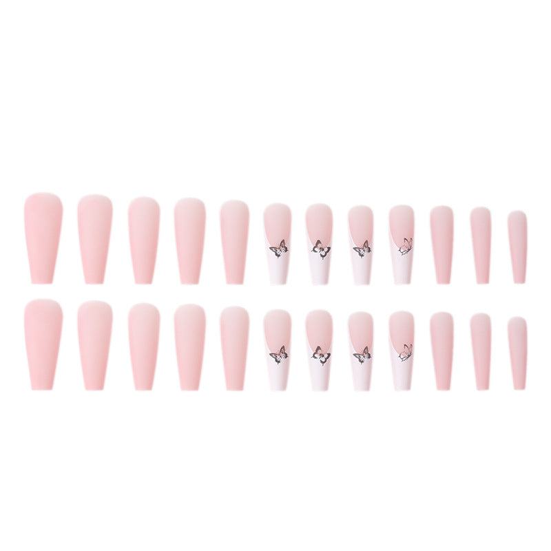 #53 Pink Butterfly Extra Length Coffin Shape Press on Nail