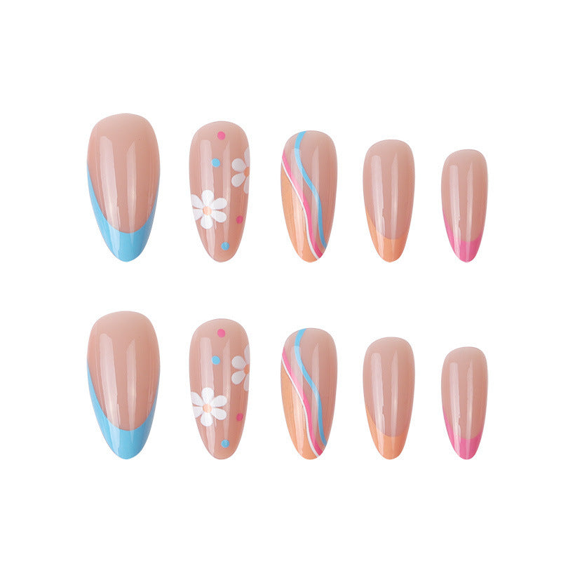 Medium Long Press On Nails French Manicure Flower Fake False Nails