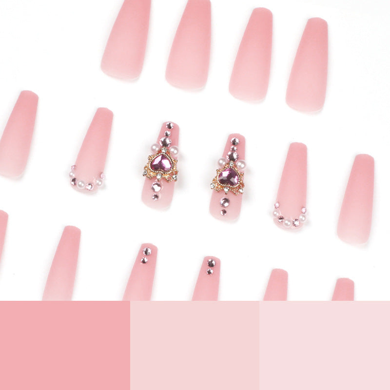 #67 Nude Pink Heart Rhinestone Pearl Extra Length Coffin Shape Artificial Nails