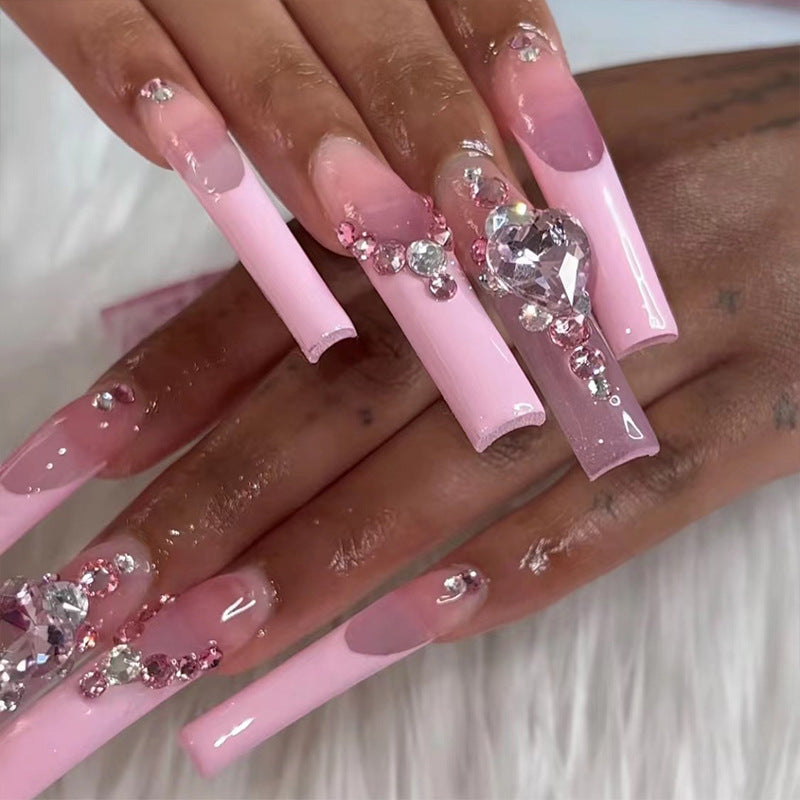 #35 Pink Shiny Heart Rhinestone Extra Length French Press on Nail