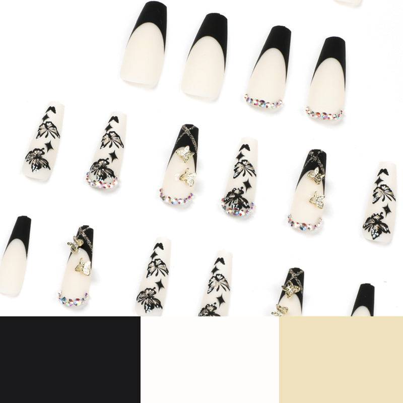 #41 Black French Extra Length Coffin Shape Butterfly Shiny Rhinestone Artificial Nails
