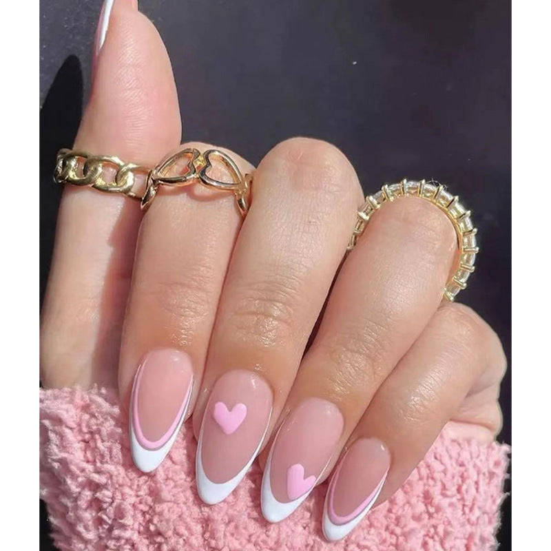Medium Long Press On Nails French Manicure Flower Fake False Nails