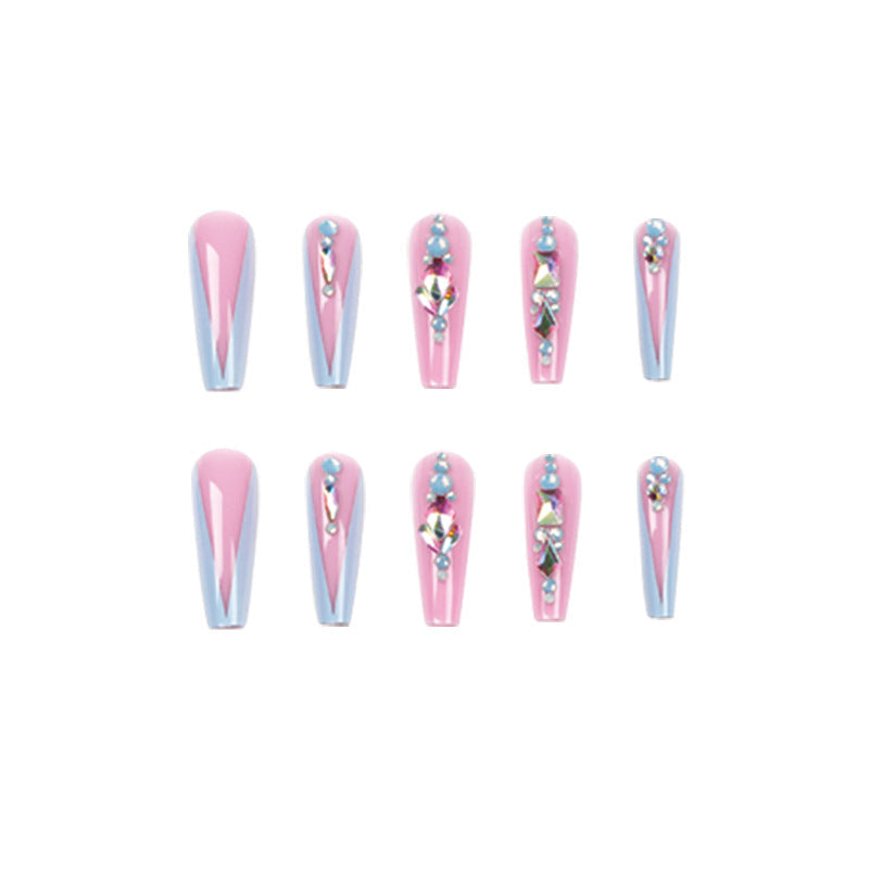 #64 French Nude Pink Blue Rhinestone Extra Length Coffin Shape Artificial Nails