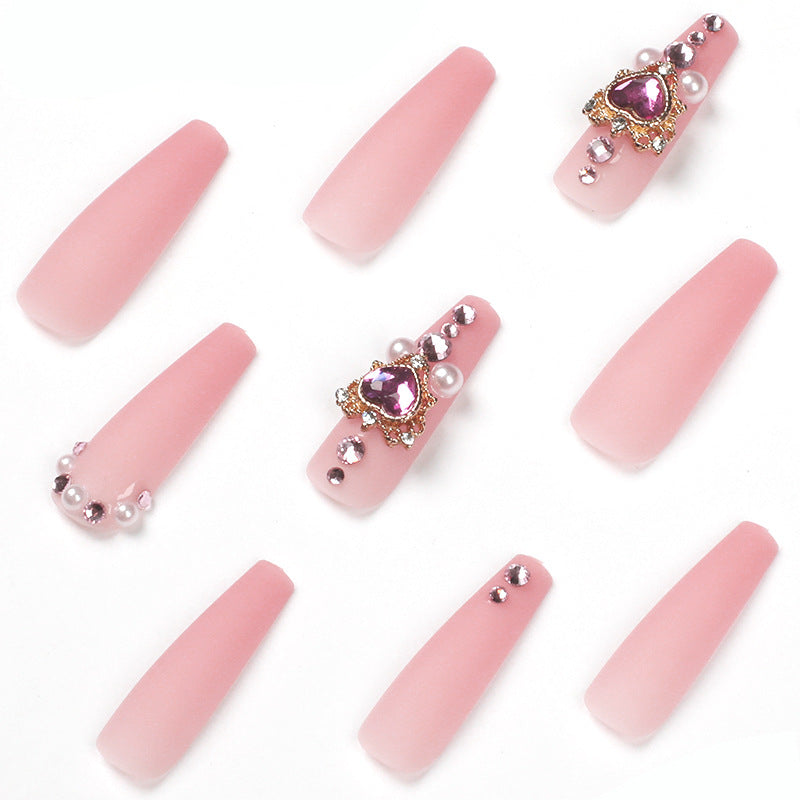 #67 Nude Pink Heart Rhinestone Pearl Extra Length Coffin Shape Artificial Nails