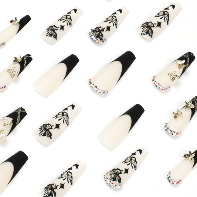 #41 Black French Extra Length Coffin Shape Butterfly Shiny Rhinestone Artificial Nails