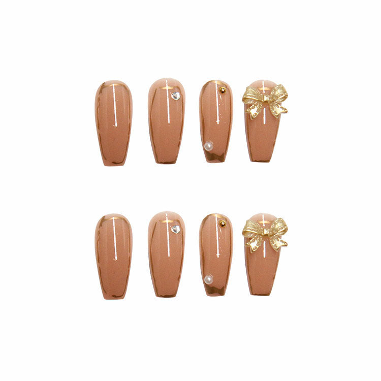 #137 Pink Extra Length Press on Nail Ballerina Shape Cute Bowknot Nail Tips