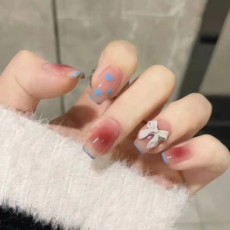 Medium Long Press On Nails French Manicure Flower Fake False Nails