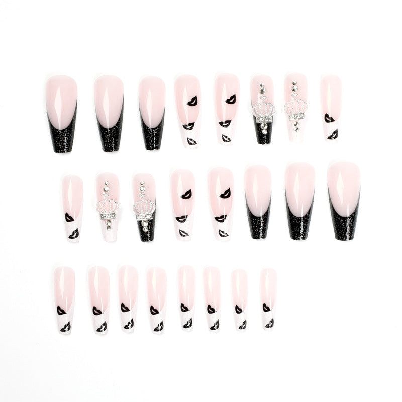 #50 Crown Design Shiny Extra Length Ballerina Shape French Press on Nail