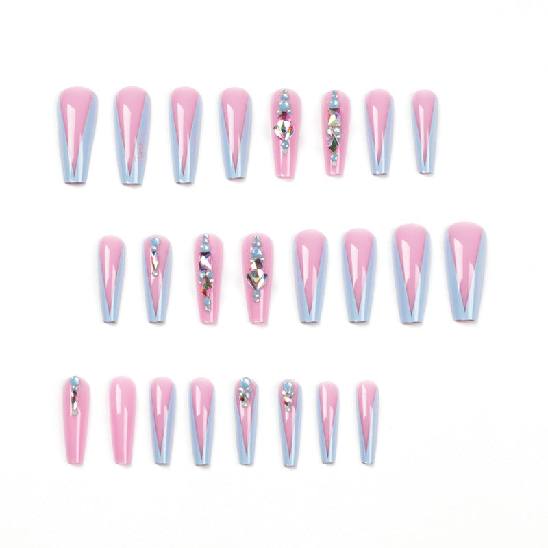 #64 French Nude Pink Blue Rhinestone Extra Length Coffin Shape Artificial Nails