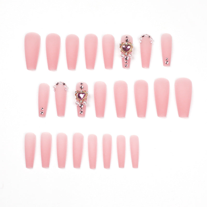 #67 Nude Pink Heart Rhinestone Pearl Extra Length Coffin Shape Artificial Nails