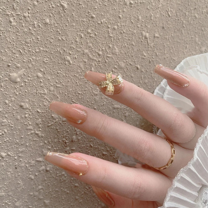 #137 Pink Extra Length Press on Nail Ballerina Shape Cute Bowknot Nail Tips