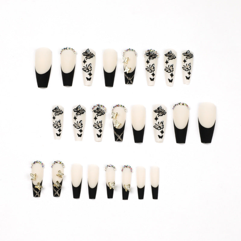 #41 Black French Extra Length Coffin Shape Butterfly Shiny Rhinestone Artificial Nails