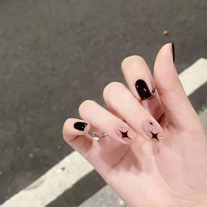 #111 Black star Design Short Length Press on Nail Squoval Shape