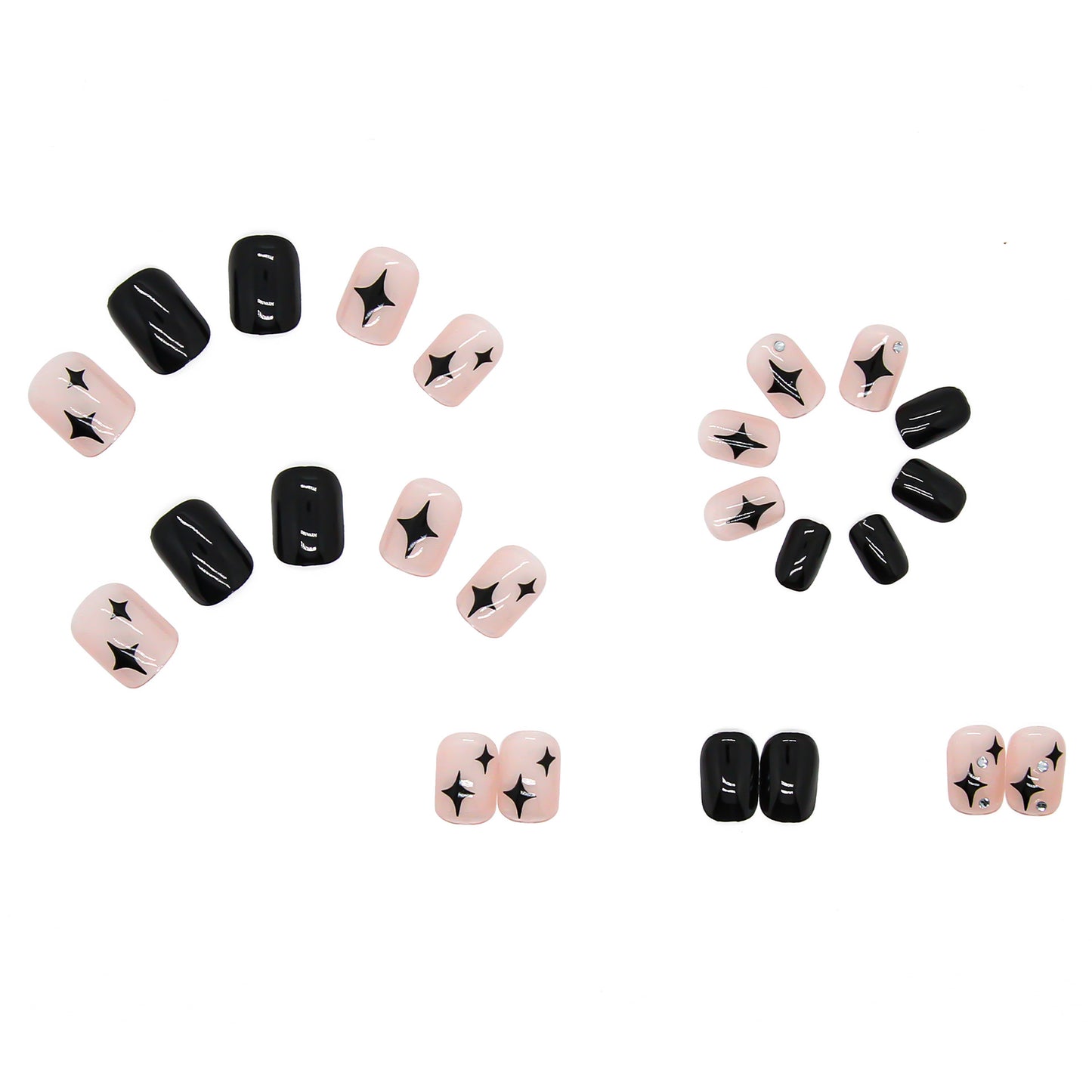 #111 Black star Design Short Length Press on Nail Squoval Shape