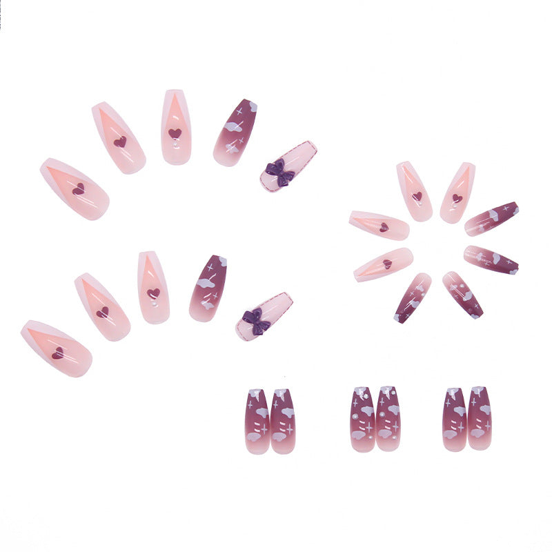 #66 Extra Length Ballerina Shape Pink Cute Clouds Press on Nail