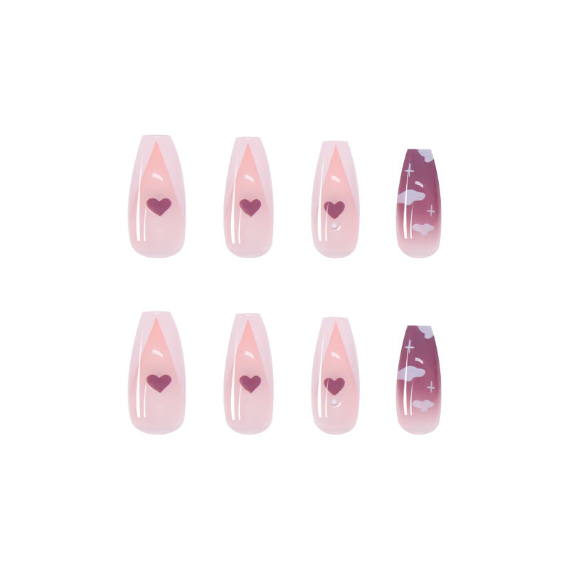 #66 Extra Length Ballerina Shape Pink Cute Clouds Press on Nail