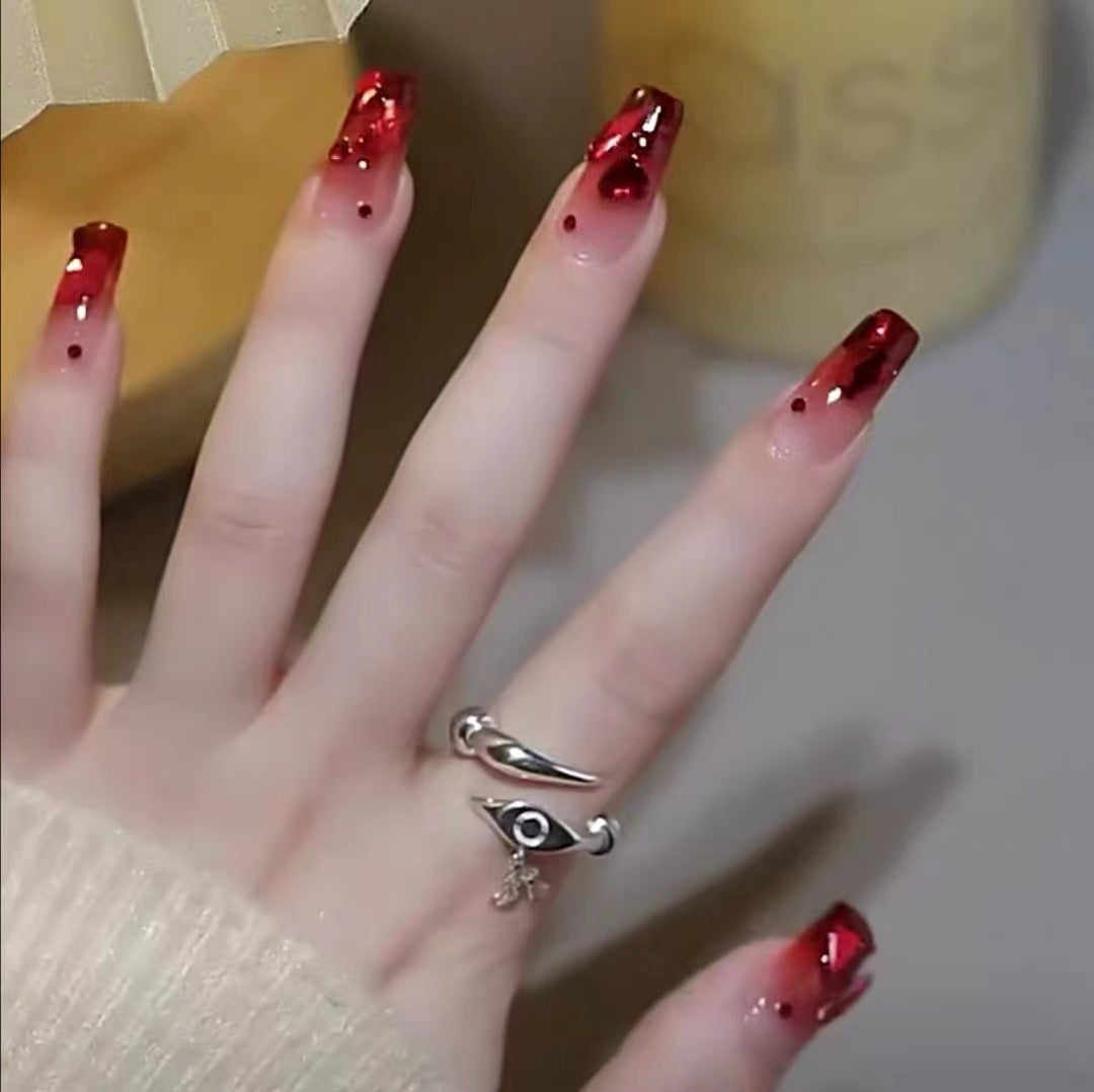 #15 10 Pcs Medium Length Coffin Shape Red Rhinestone Press on Nail