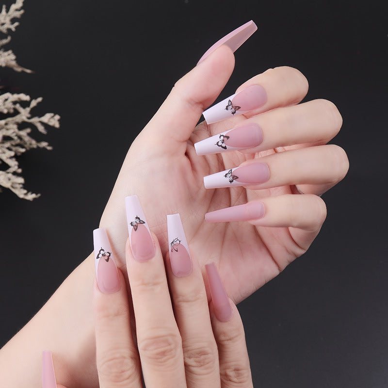 #53 Pink Butterfly Extra Length Coffin Shape Press on Nail