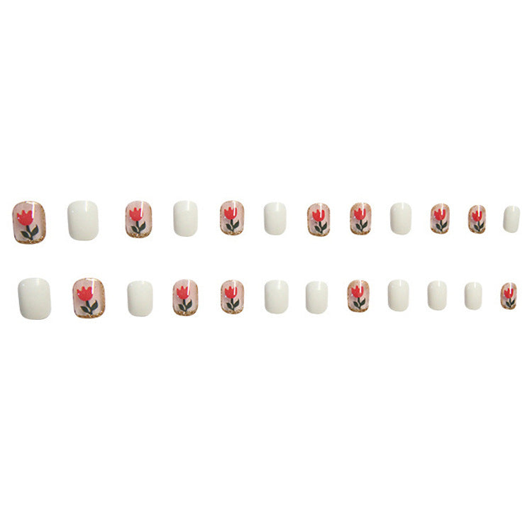 #134 Cute White Short Length Squoval Shape Pink Press on Nail