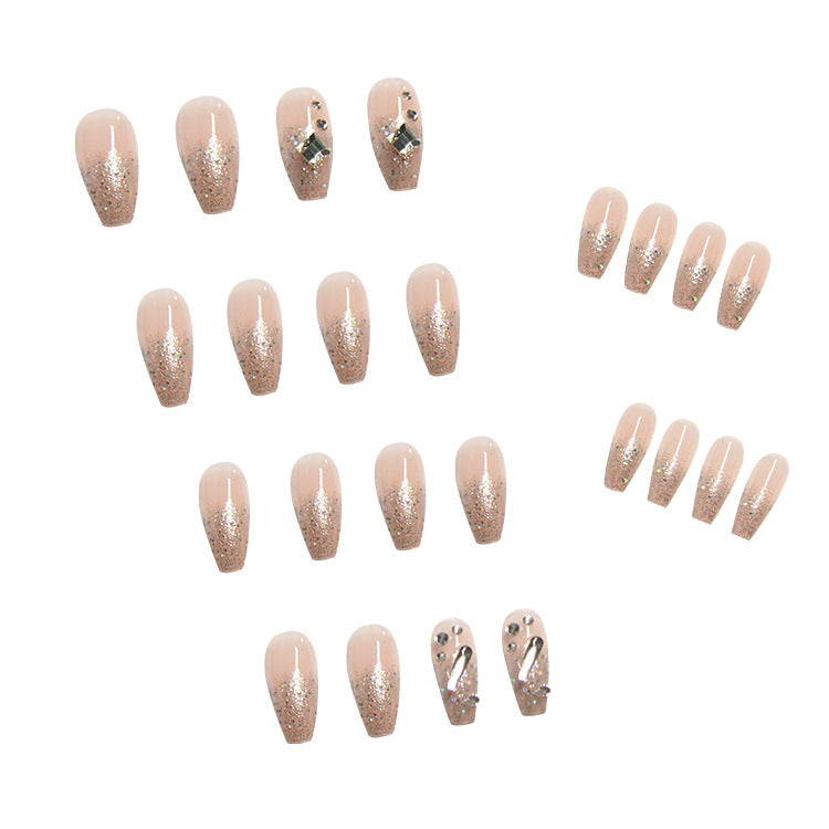 #47 Extra Length Ballerina Shape Pink Diamond Glitter Press on Nail