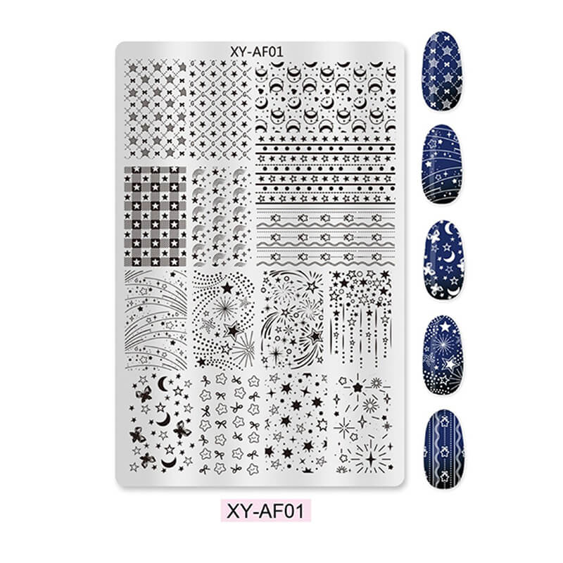 Nail art stamping steel plate featuring multiple patterns including butterfly, lace, animal, plaid, and floral designs