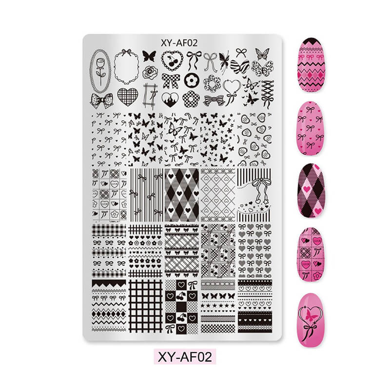 Close-up of multi-pattern nail stamping plate with butterfly, cartoon, lace, animal, plaid, and flower designs