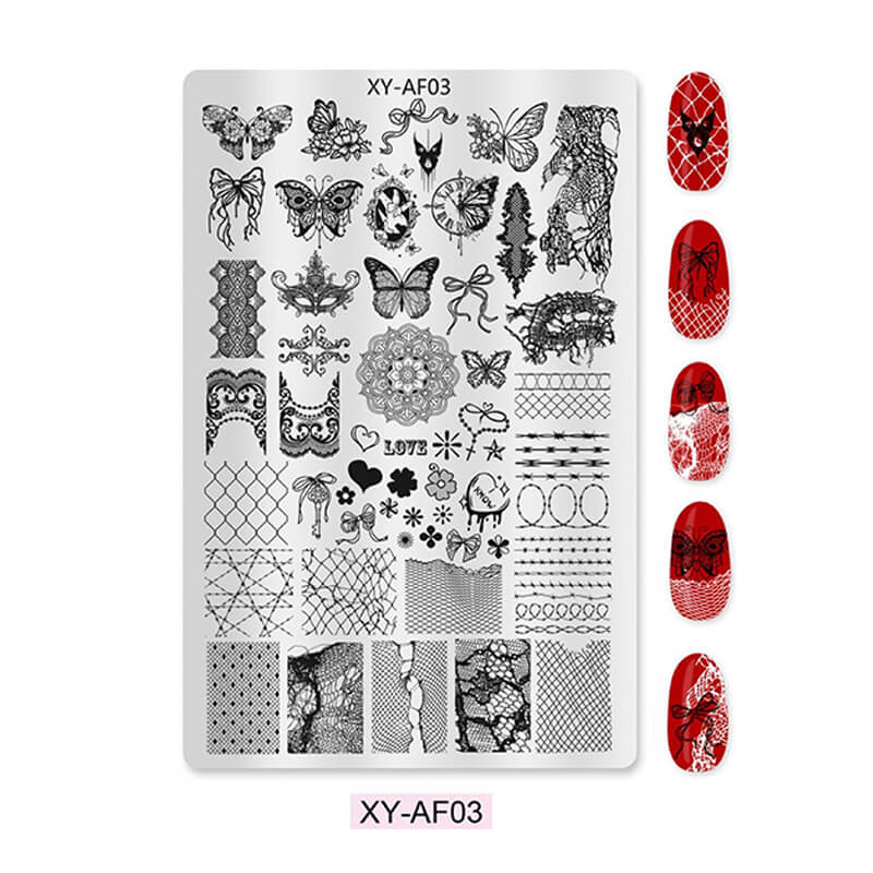 Multi-pattern nail stamping plate for DIY nail art – assorted designs like butterfly, cartoon, lace, animal, plaid, and flowers